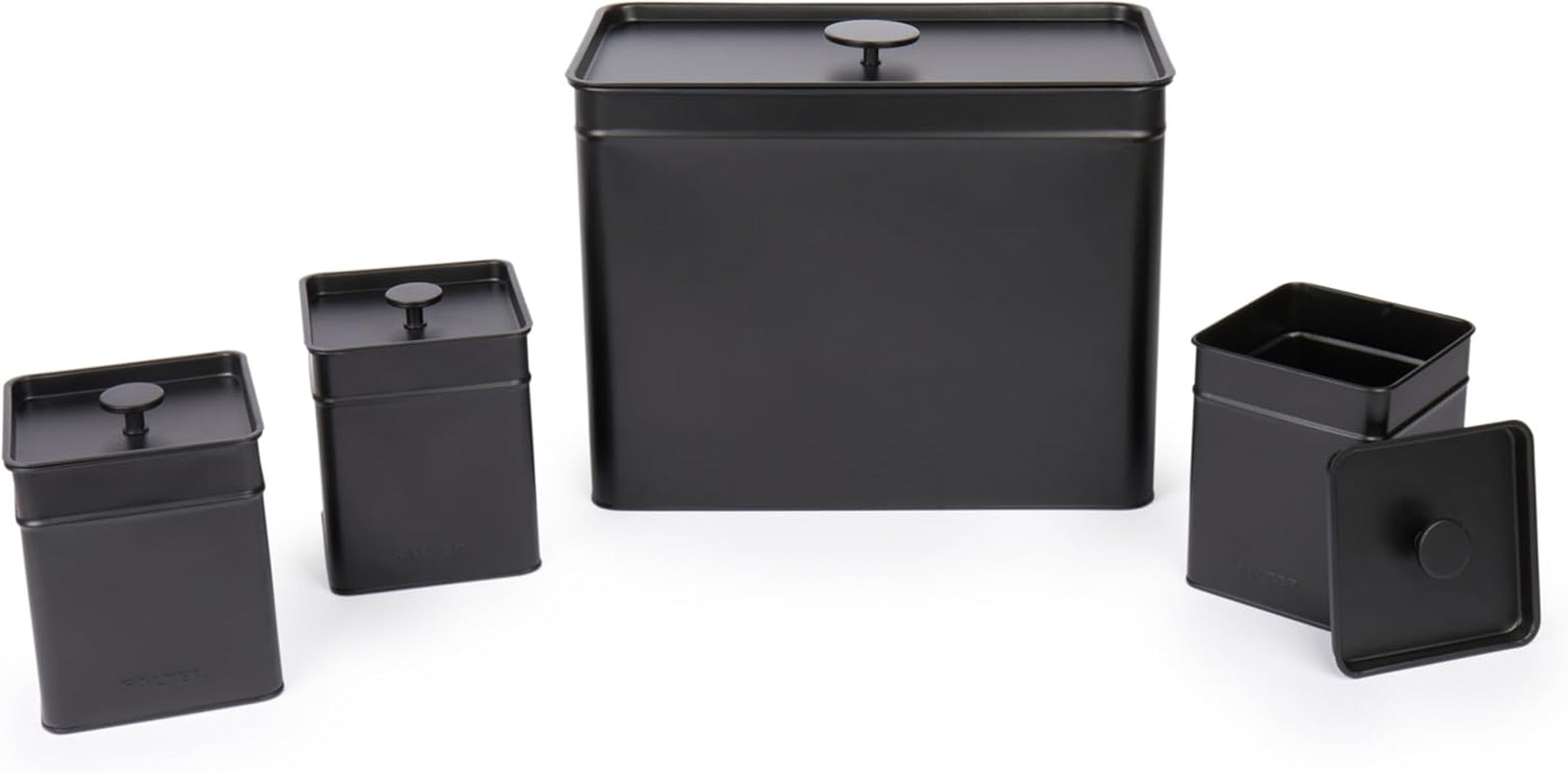 Salter BW12614EU7 Kuro-Aufbewahrungsboxen-Set – 4 Küchenbehälter Brot/Tee/Kaffee/Zucker, quadratische Organizer-Boxen, leicht zu reinigen, hält Lebensmittel frisch, schwarz, Naty Shop Lebensmittel-Aufbewahrungsboxen, 4er-Set