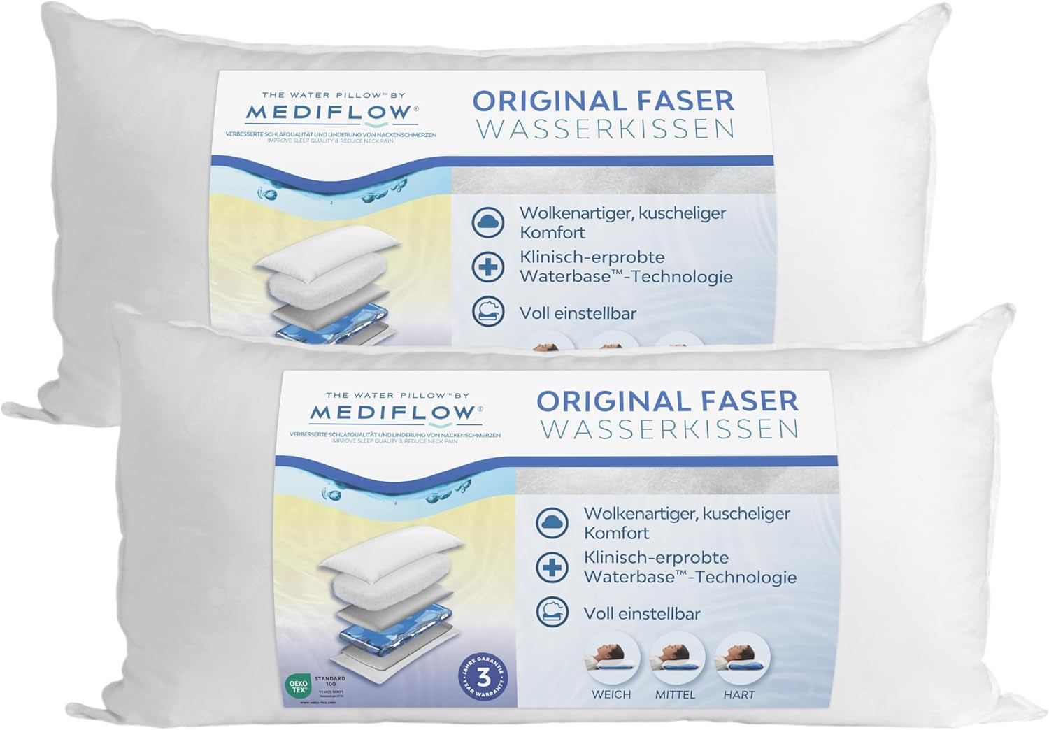 Mediflow 5201 Original-Wasserkissen im Doppelpack, 40 x 80 cm, Weiß, 2 Stück (1 Packung), Naty Shop Standard-Kissen, Standardtitel