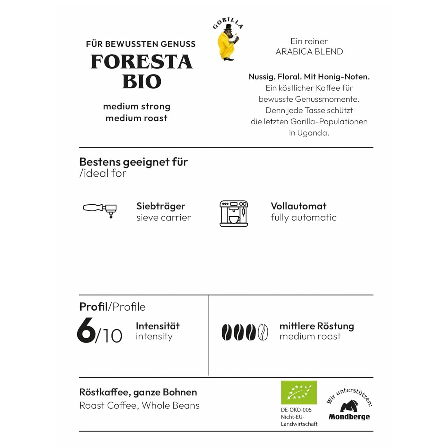 Gorilla Foresta Kaffee 6 x 1000g ganze geröstete Bohnen | Arabica-Mischung | Siebträger und Espressovollautomaten | Espressokaffee