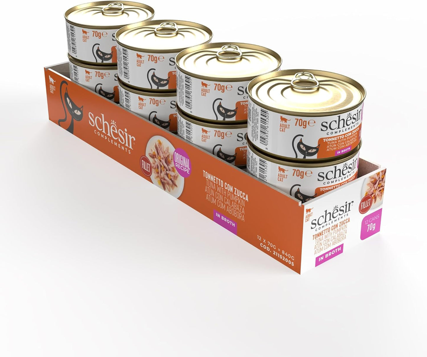 Thunfisch mit Kürbis in Brühe, Ergänzungsnassfutter für Katzen, Originalrezept, 100 % natürlich, 12 Dosen à 70 g