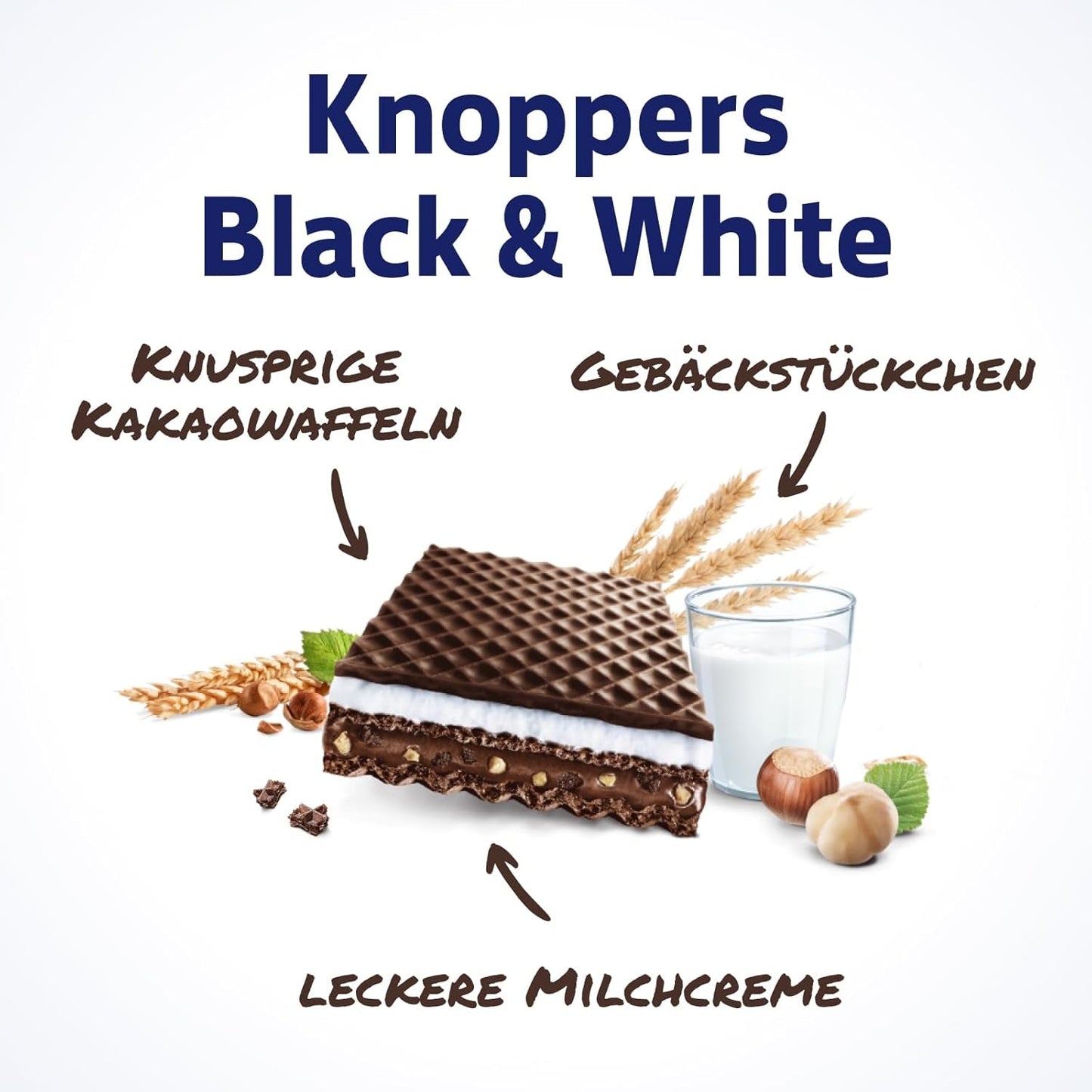 Weiße und schwarze Knoppers – 8 x 25 g – Waffelscheiben gefüllt mit dunklen Kakaowaffeln, schwarzen Keksstücken, Milch und Nougatcreme