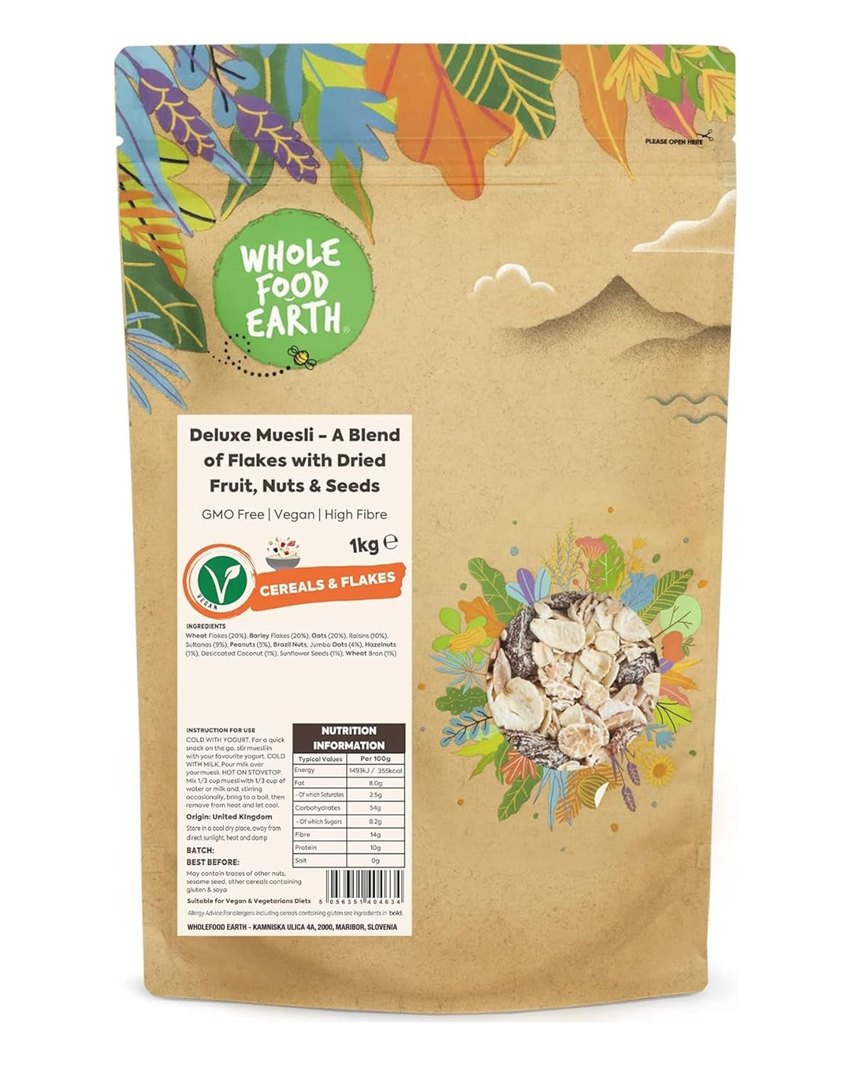 Müsli Deluxe Wholefood Earth – Eine Mischung aus Flocken mit Trockenfrüchten, Nüssen und Samen 1 kg | GVO-frei | Reich an Ballaststoffen