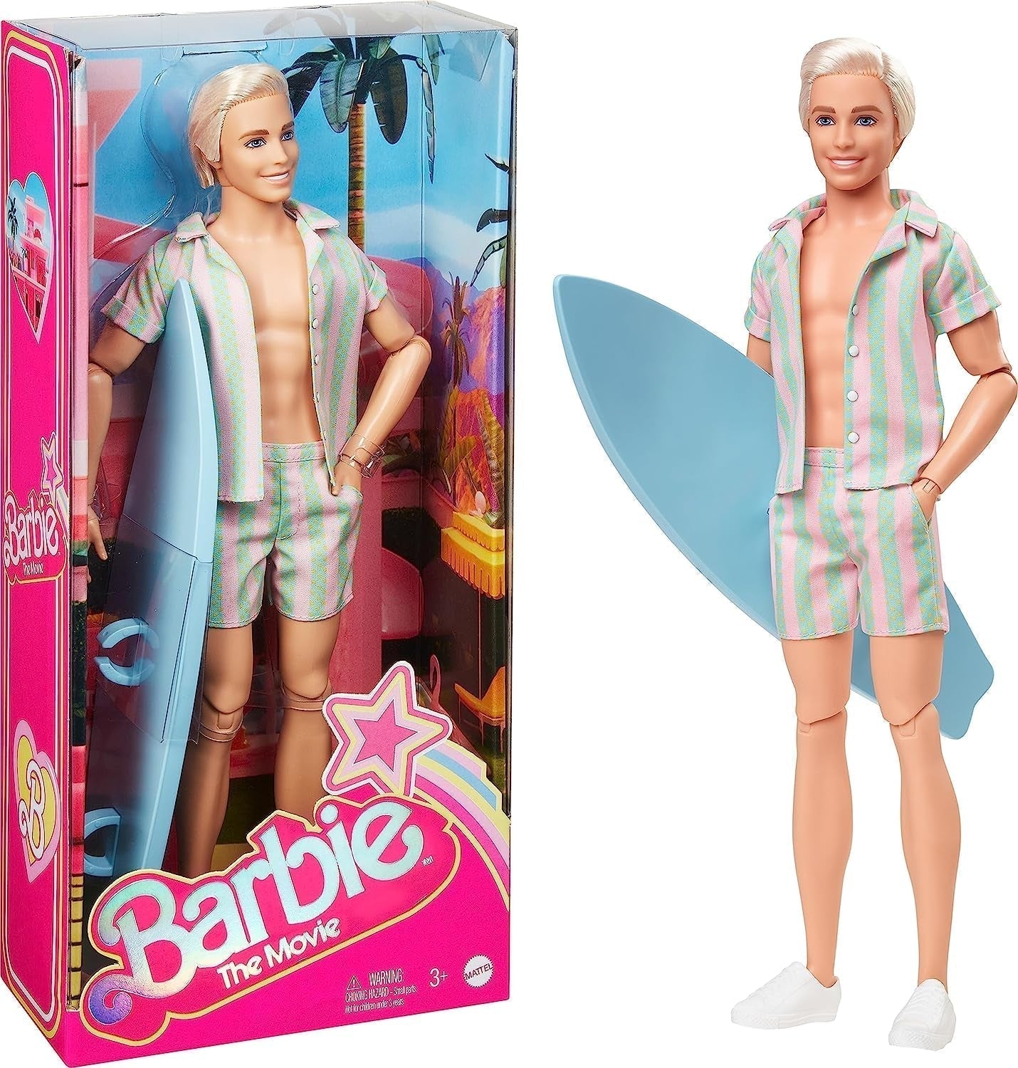Barbie der Film – Puppe für Filmfans, Ken-Puppe, Sammlerpuppe mit Surfbrett und Turnschuhen, beweglicher Körper, platinblondes Haar, geeignet als Geschenk für 3-jährige Kinder, HPJ97 Naty Shop Dolls Standardtitel