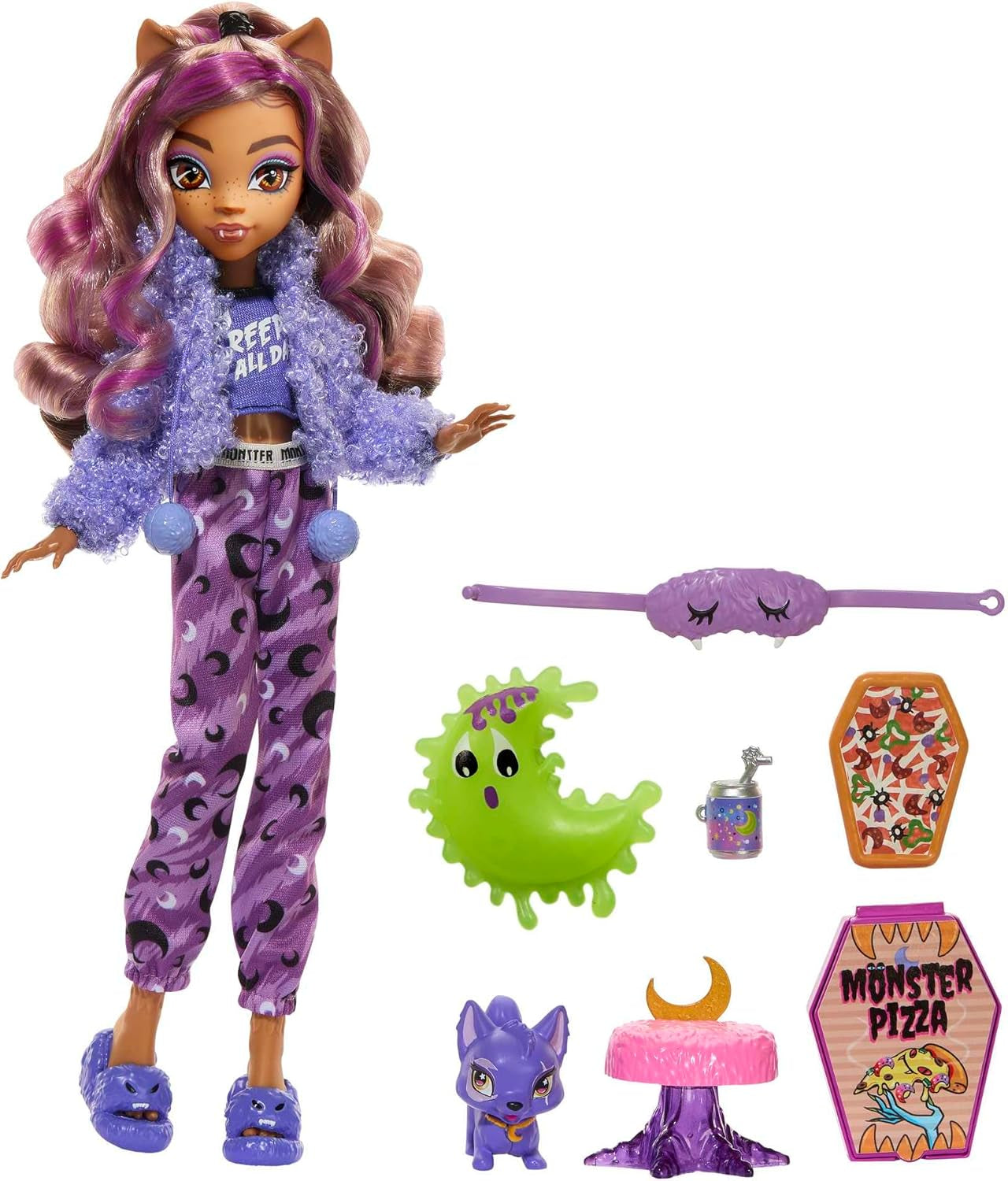 MONSTER HIGH Puppen- und Übernachtungszubehör, Clawdeen-Wolf-Puppe mit Haustierkatze, Halbmond, Creepover-Party, HKY67