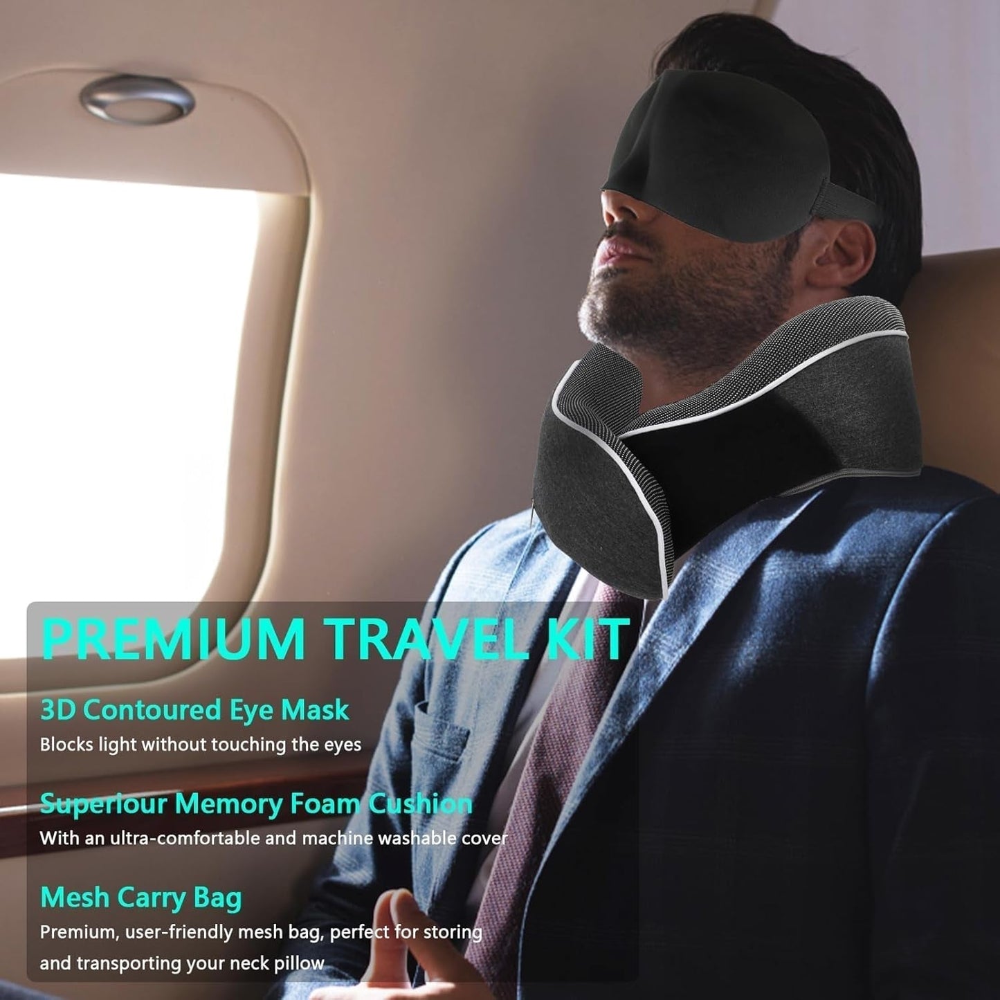 KILDOWS Flugzeug-Nackenkissen, Memory-Schaum-Reisekissen, Flugzeug-Reisekissen mit Augenmaske und Ohrstöpseln, orthopädisches Nackenkissen, ideal für Reisen im Flugzeug, Auto, Zug. Orthopädische Halskissen von Naty Shop