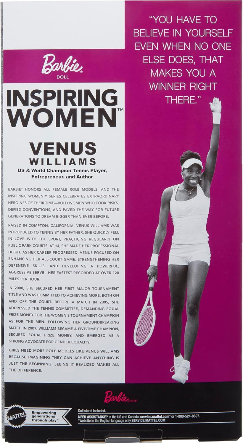 Barbie Inspiring Women Series Venus Williams Modepuppe mit signierter Uniform und Tennisschläger inklusive Präsentationsbox HRM49