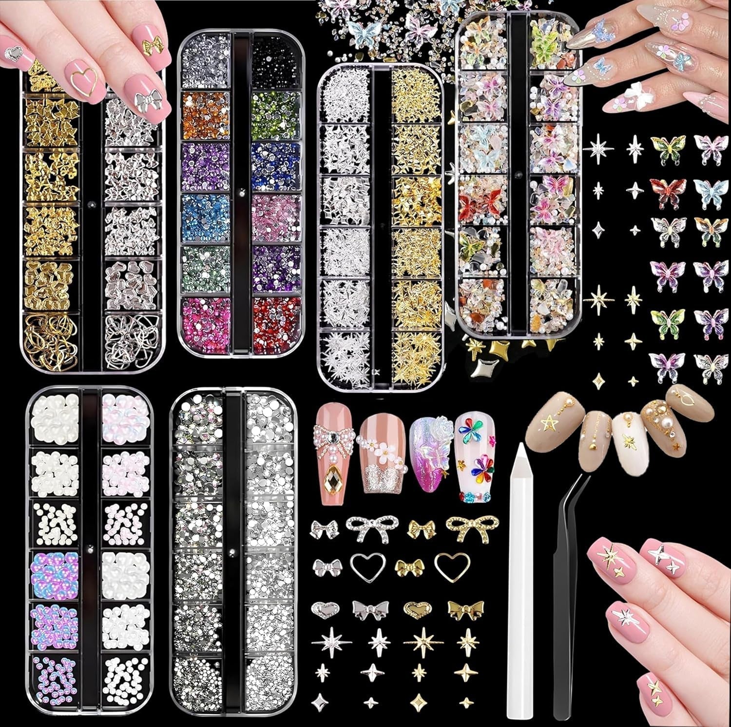 Nail Charms,6 Boxen Gold Silber Nagel Charms 3D Gold Bogen Stern Nail Art Dekoration+6200 Strasssteine ​​​​Bunt Steine ​​​​AB Perlen Diamanten,3D Legierung Bow Nail Gems Nagel Deko Für Frauen Nagel (6-A)