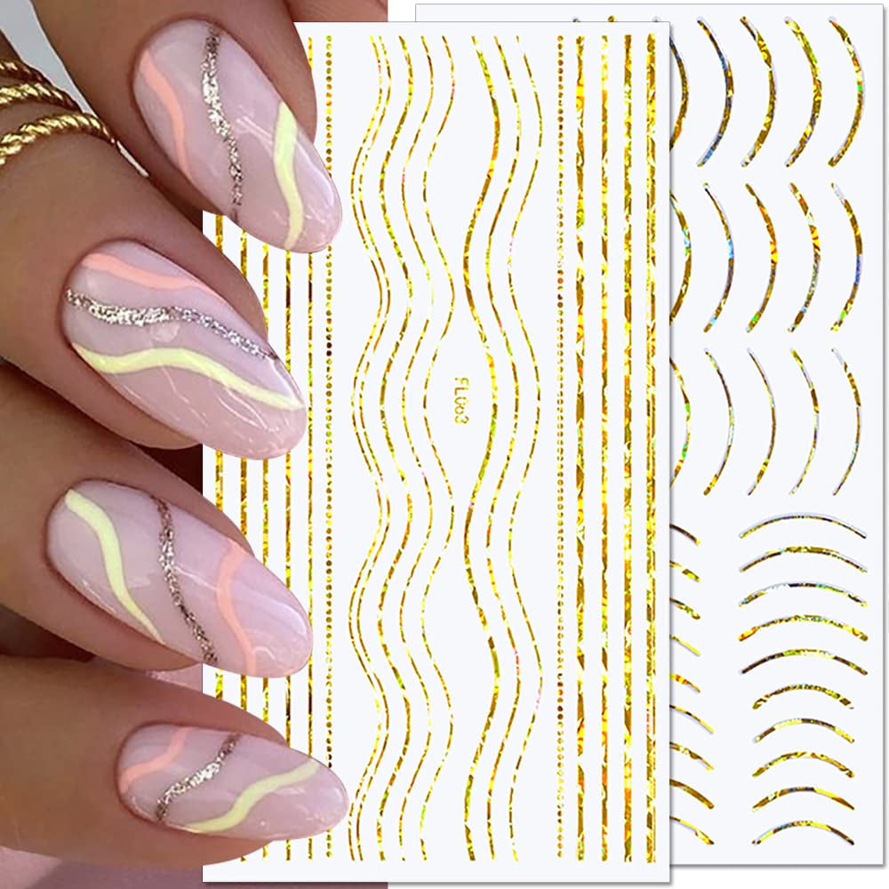 12 Blatt Laser-Glitzerlinien, selbstklebende Nagelaufkleber, holografische Aufkleber, bronzefarbene Streifen, Nagelaufkleber, französische Linie, gebogene Bögen, Wellenlinien, Nagelaufkleber, Nagelkunst-Zubehör