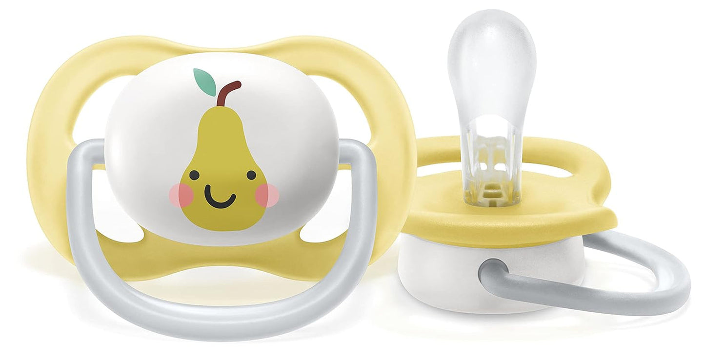 Philips AVENT Ultra-Luftschnuller – 2er-Pack, BPA-frei, atmungsaktiv, für Babys 0–6 Monate, inklusive Tragetasche und Sterilisation, Apfel/Birne (Modell SCF080/17)