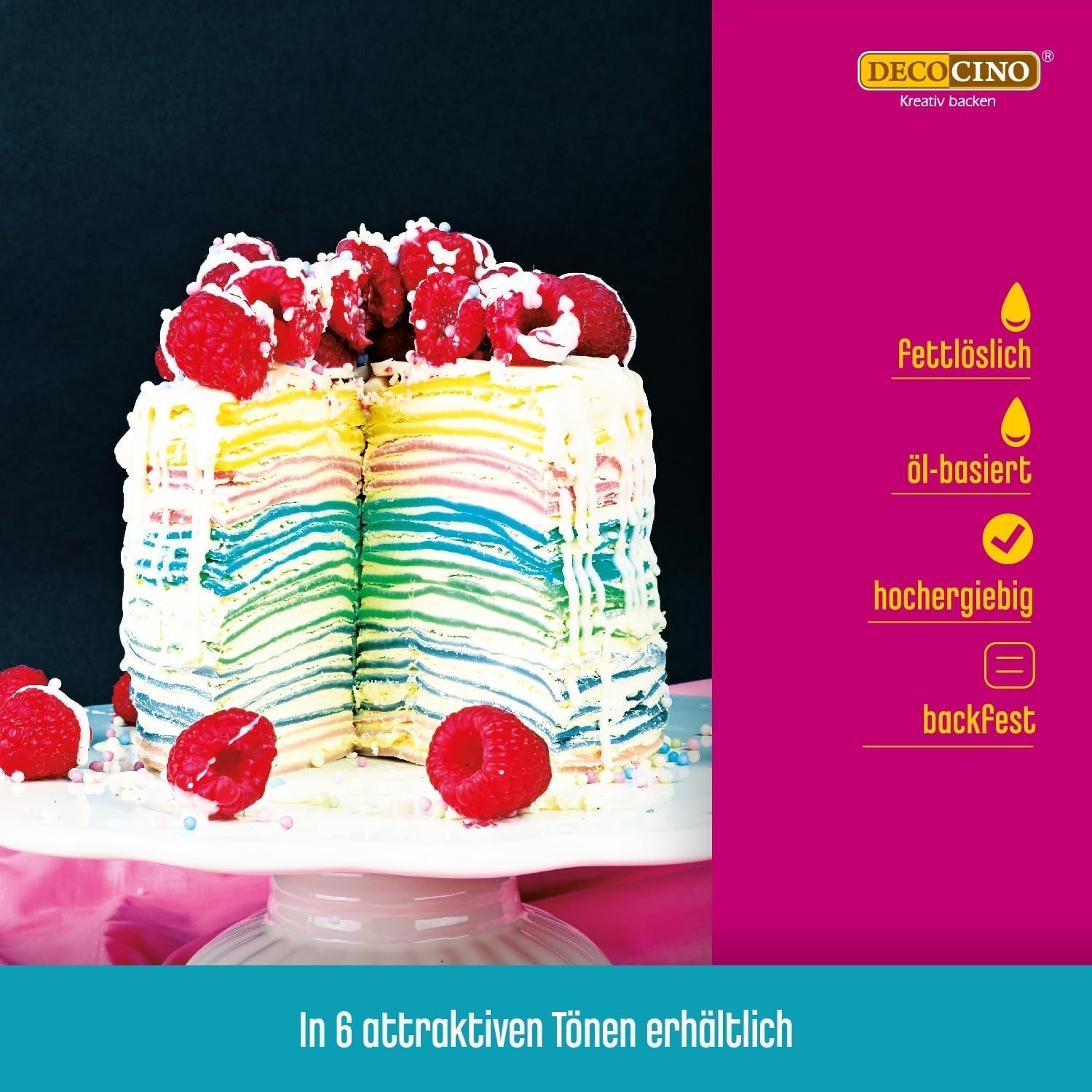 Decocino Fettlösliche Farbpaste 6er-Set – 6 x 15 g – Lebensmittelfarbe in Rot, Weiß, Grün, Gelb, Blau und Schwarz, ideal zum Einfärben von Kuchen, Fondant und Cremes – Azo- und glutenfrei