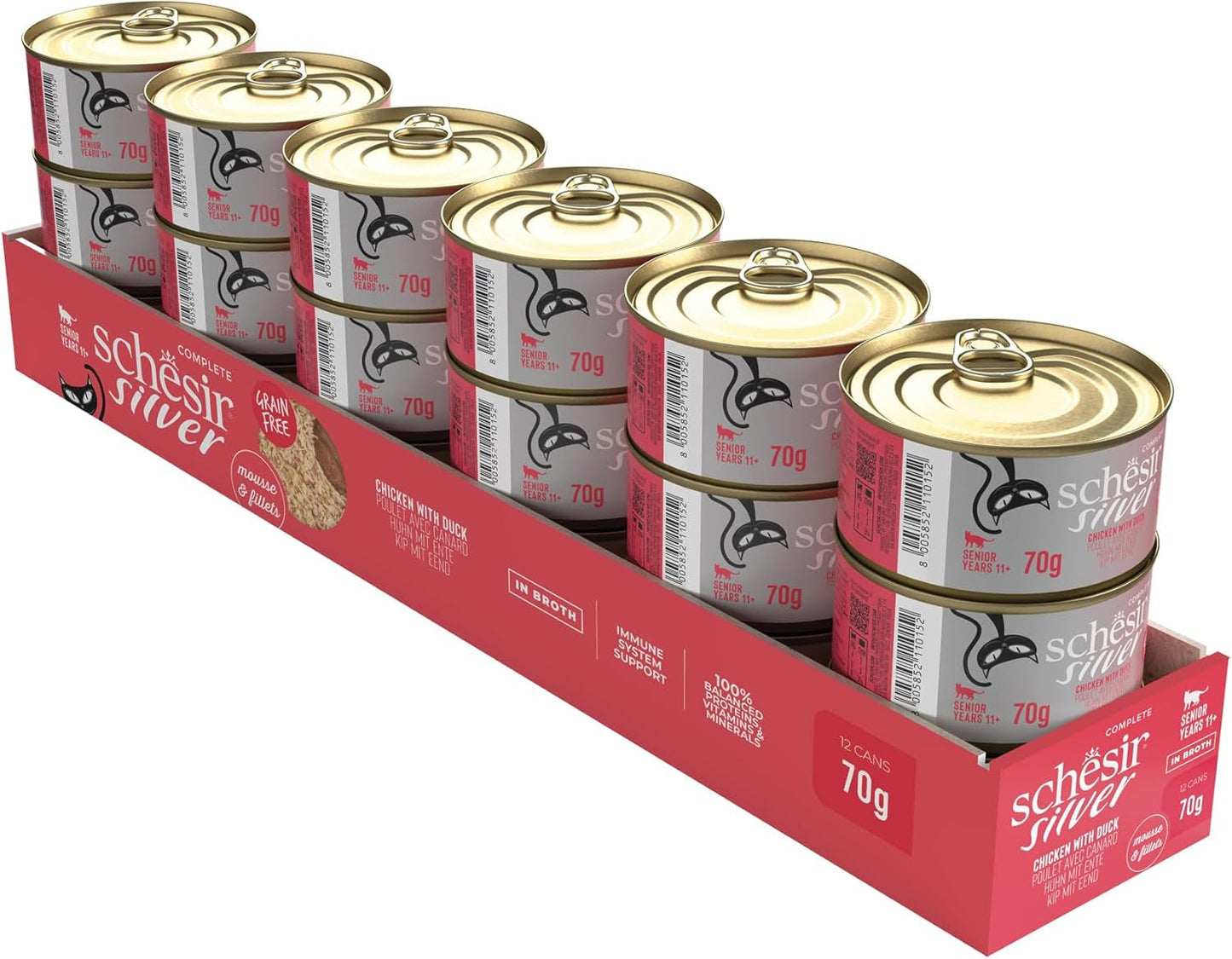 Silberhähnchen mit Entenmousse und Filets, komplettes Nassfutter für ältere Katzen, getreidefrei, Immununterstützung, Feuchtigkeitsquelle, 12 x 70 g