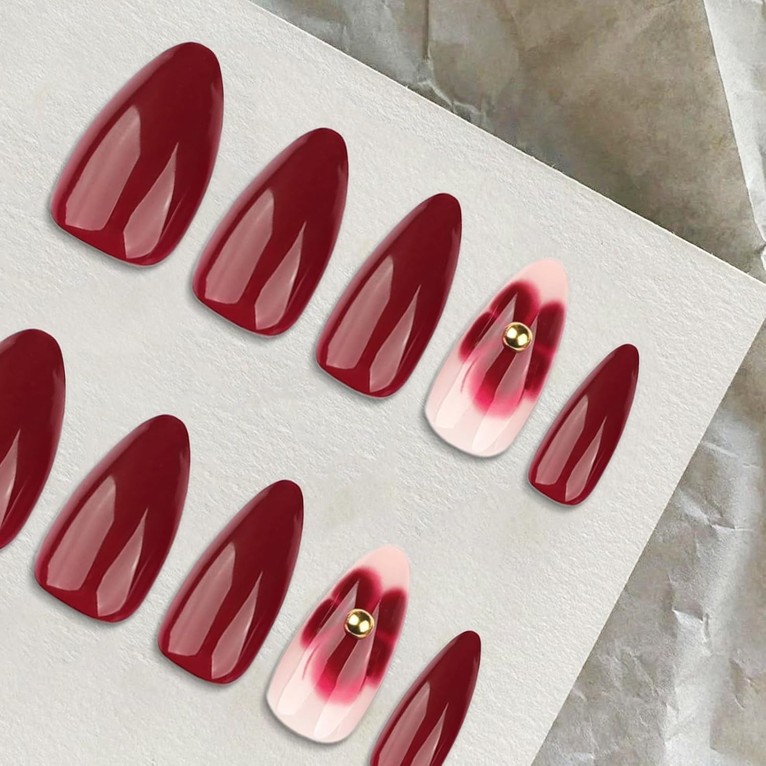 24 burgunderfarbene Blumen mit Diamantrüstung, Nagelpresse, künstliche Nägel aufkleben, Nagelspitzen-Set