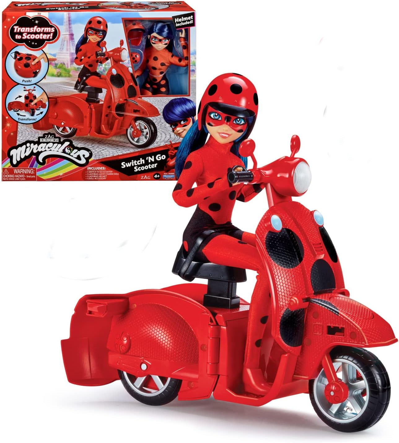 Bandai – Miraculous Ladybug – Miraculous Switch’n Go Scooter + 26 cm große Gelenkpuppe Ladybug Lucky Charm – P50668