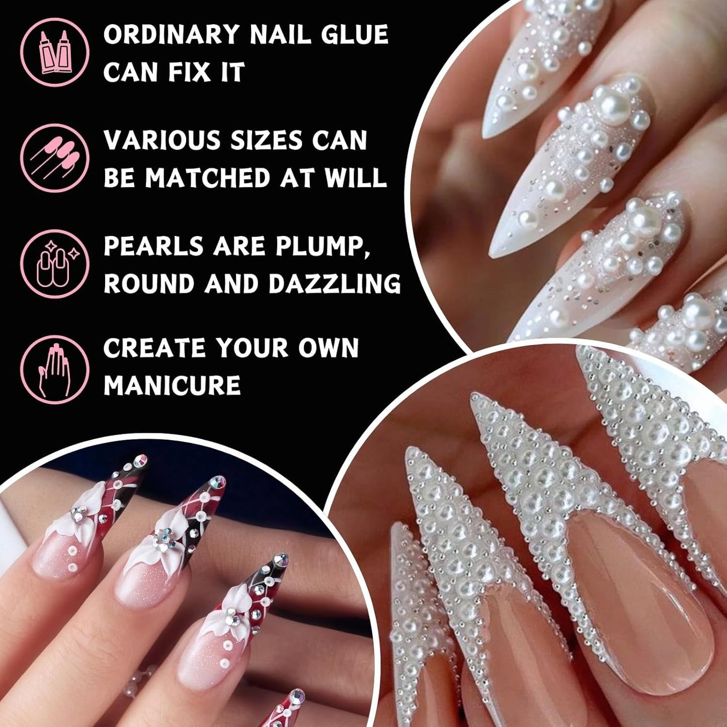 12 Größen Nail Art Perlen, Flache Perlen, Nail Art Accessoires, Halbkreis Nagelperlen, Weiße Nail Charms Und Glitzersteine ​​​​Nägel Für Nail Art Design, DIY Basteln, Alltag, Hochzeit (2 Boxen)