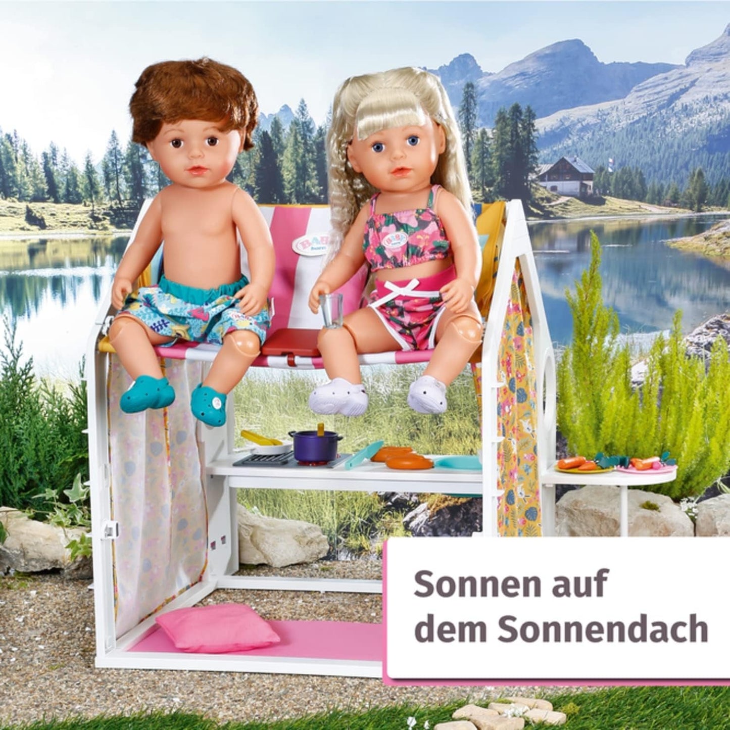 BABY born Puppenhaus, Wochenendhaus mit Licht- und Soundfunktion, aufklappbaren Seitenwänden, Spüle, Grill und viel Zubehör, 832752, Zapf Creation