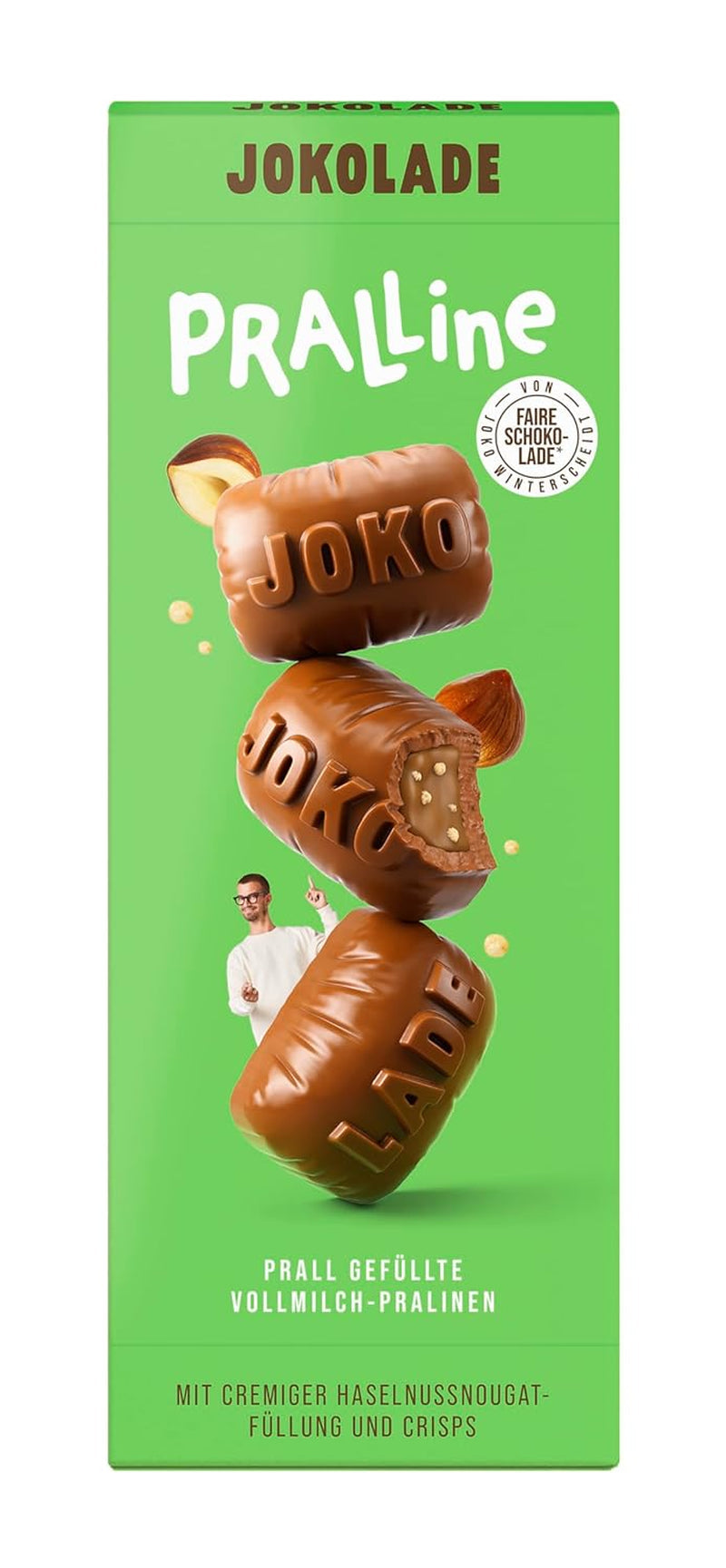 JOKOLADE PRALIN Box 80g | Großzügige Füllung mit Haselnuss-Nougat-Creme und Chips | Fair gehandelte Schokolade von Joko Winterscheidt