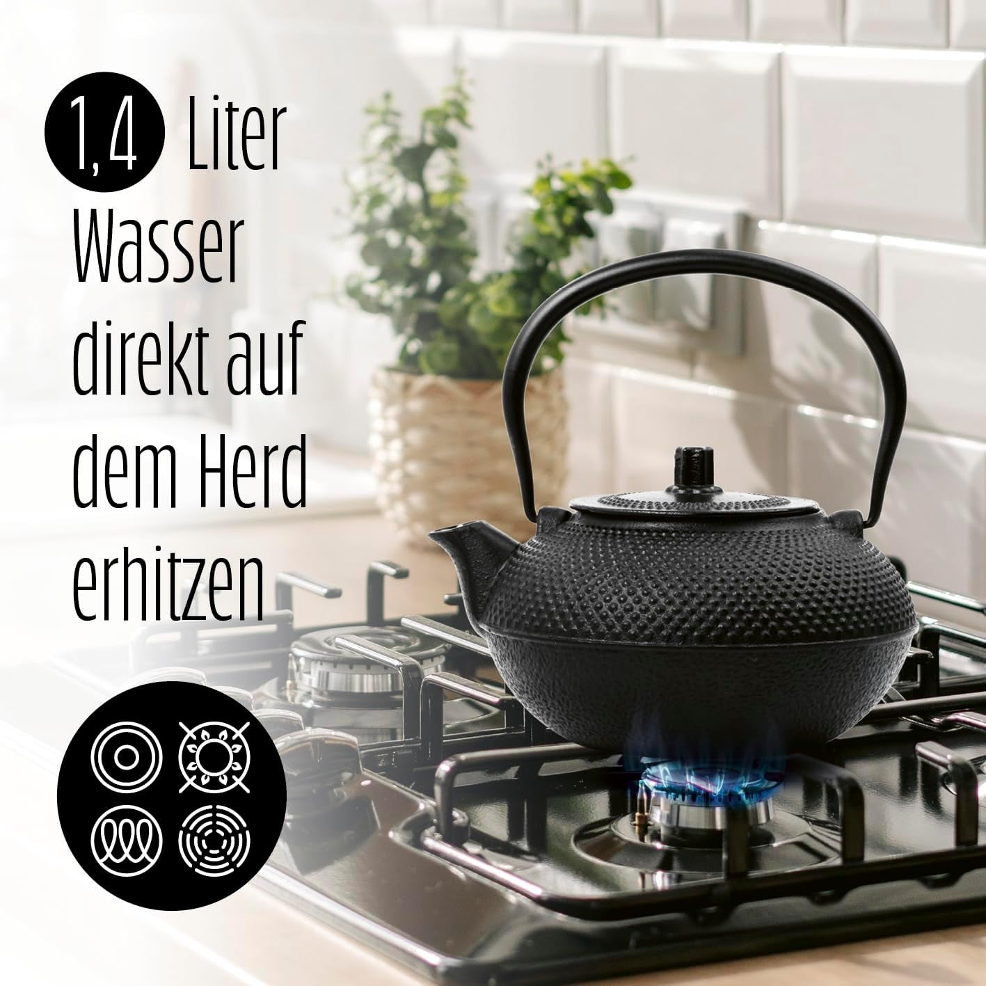 Lumaland 8-teiliges Teeservice | 1,4 Liter Tetsubin-Teekanne aus Gusseisen | Gusseisenheizung | 2 Teetassen und 2 Untertassen | Japanisches Teeservice inklusive Messlöffel aus Bambus und Teesieb aus Edelstahl