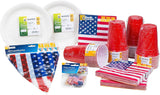 HEKU 191-tlg. USA-Party-Set I Pappteller Ø23 cm, rote Becher, 3-lagige Servietten 33 x 33 cm, Deko-Picker, Wimpelkette 10 m I perfekt für Mottopartys und Nationalfeiertage
