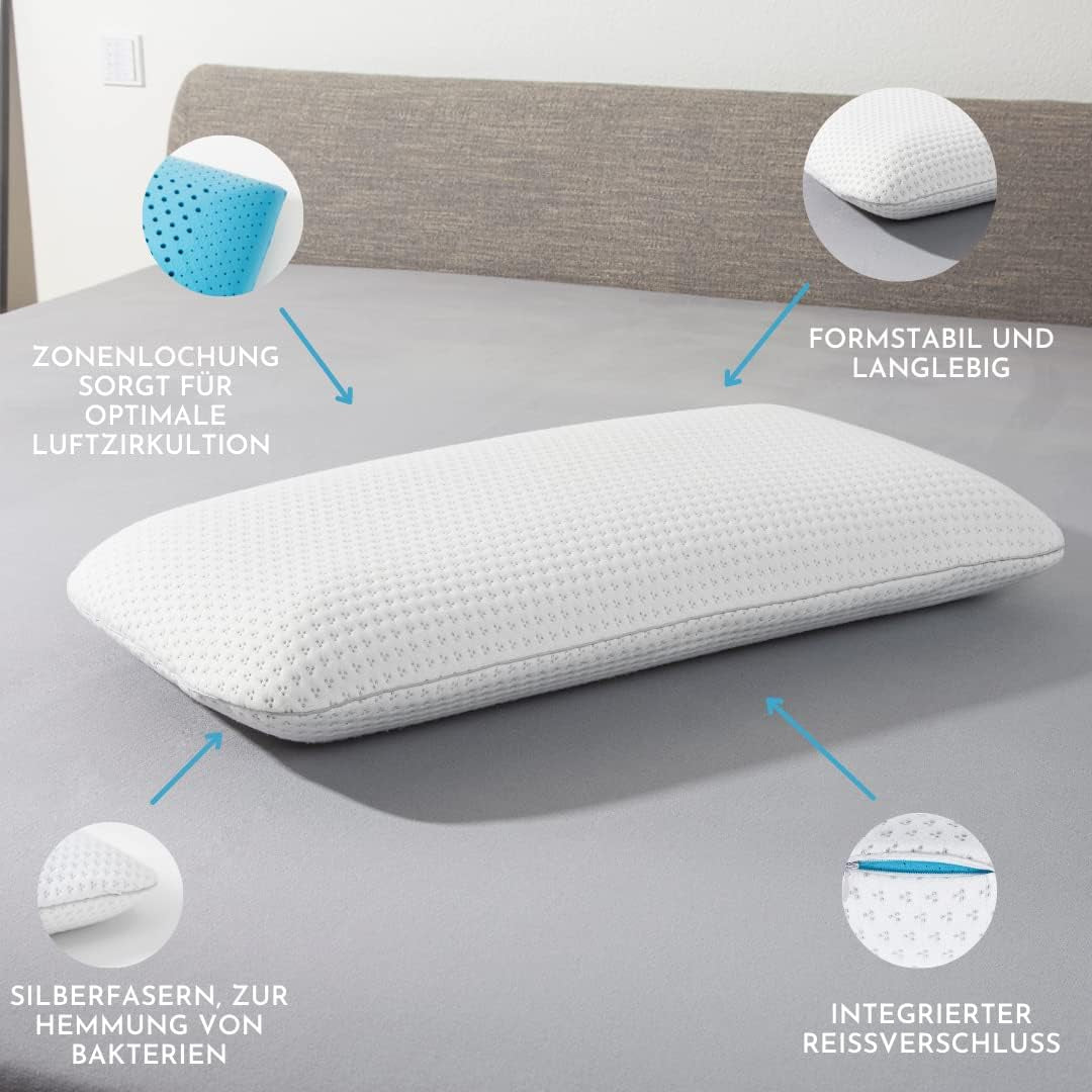 Genius Eazzzy Schaumstoffkissen 40X80 cm Höhe 10 cm – Nackenstützkissen mit 2 Härtegraden + kühlendem Gelschaum – Schlafkissen für Seiten-, Rücken- und Bauchschläfer gegen Nackenschmerzen, Polyester Naty Shop Standardkissen
