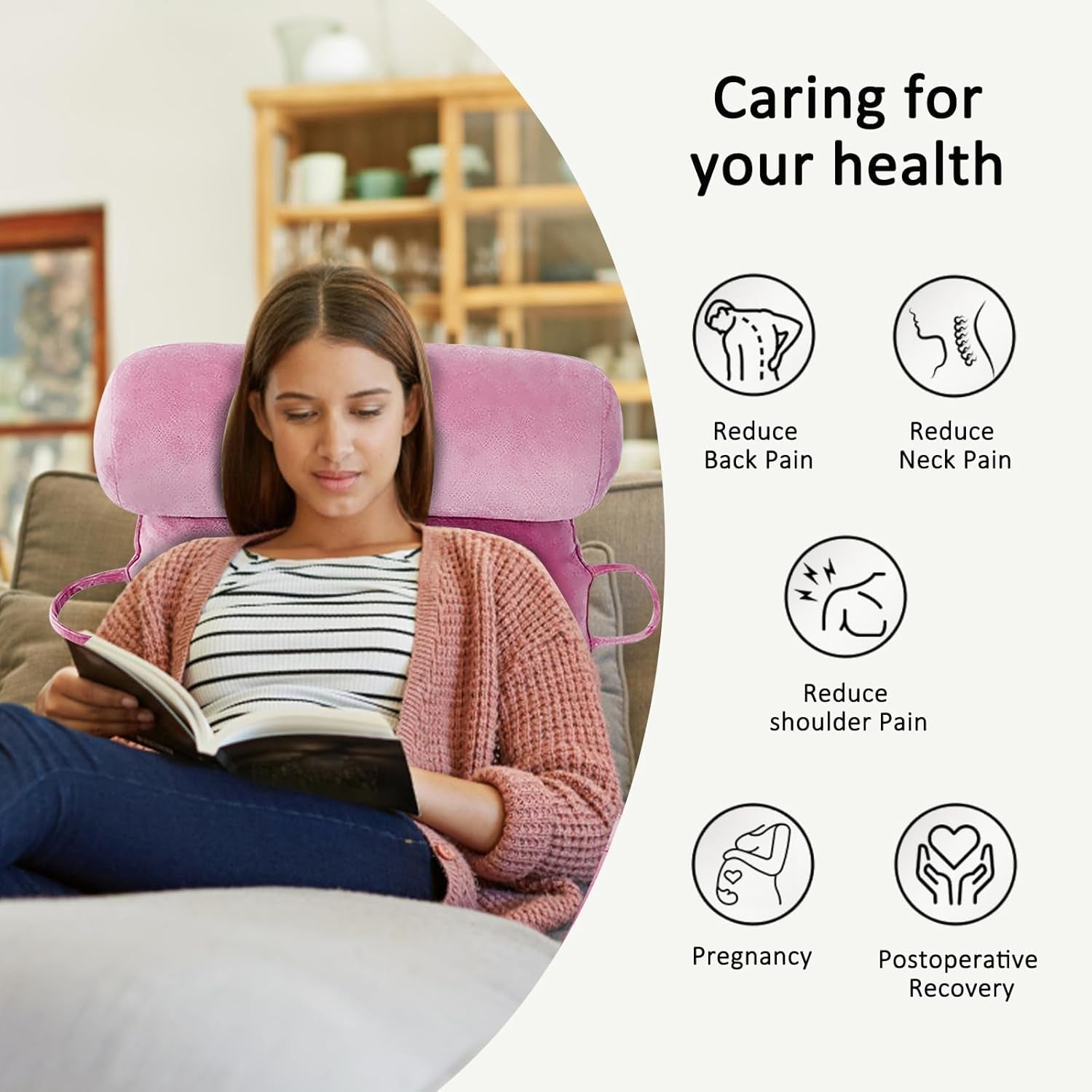 XL-Lesekissen für Bett und Sofa mit abnehmbarer Nackenrolle, ideales Rückenkissen für Erwachsene mit Memory-Schaum für bequemes Lesen, Arbeiten, Spielen, Fernsehen, Entspannen (Pink)
