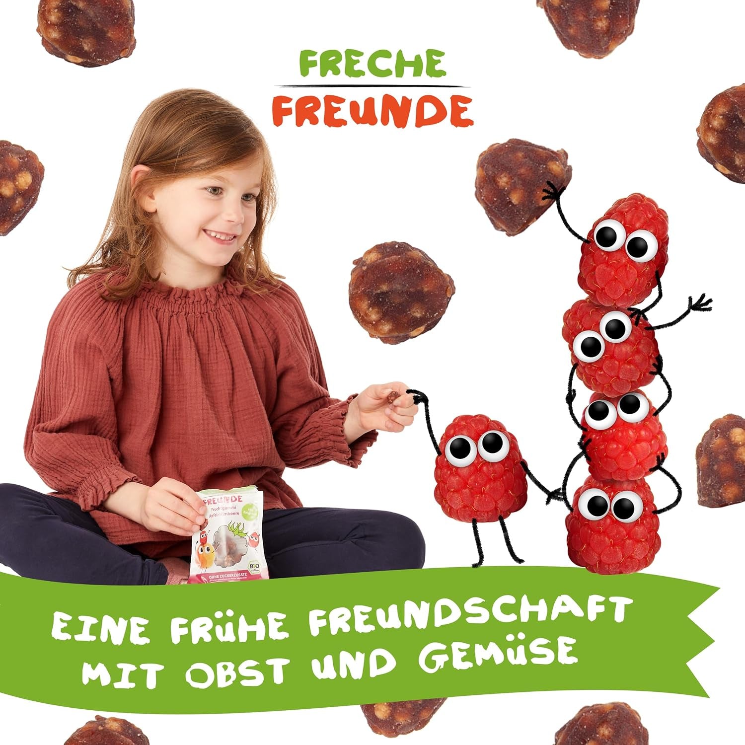 FRECHE FREUNDE Bio-Fruchtgelees, Apfel-, Himbeer- und Reislutscher, fruchtig-süßer Snack für Kinder, glutenfrei, vegan, 20er Pack (20 x 30 g)
