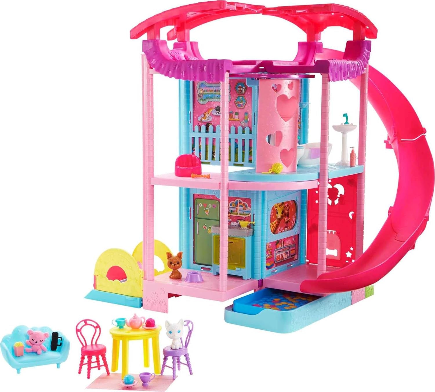 Barbie Chelsea Spielhaus – 3 verwandelnde Etagen, geheime Spielbereiche, Aufzug, Pool, Rutsche, 2 Haustiere und mehr als 20 Zubehörteile, ab 3 Jahren HHX44 Naty Shop Dollhouses Standardtitel