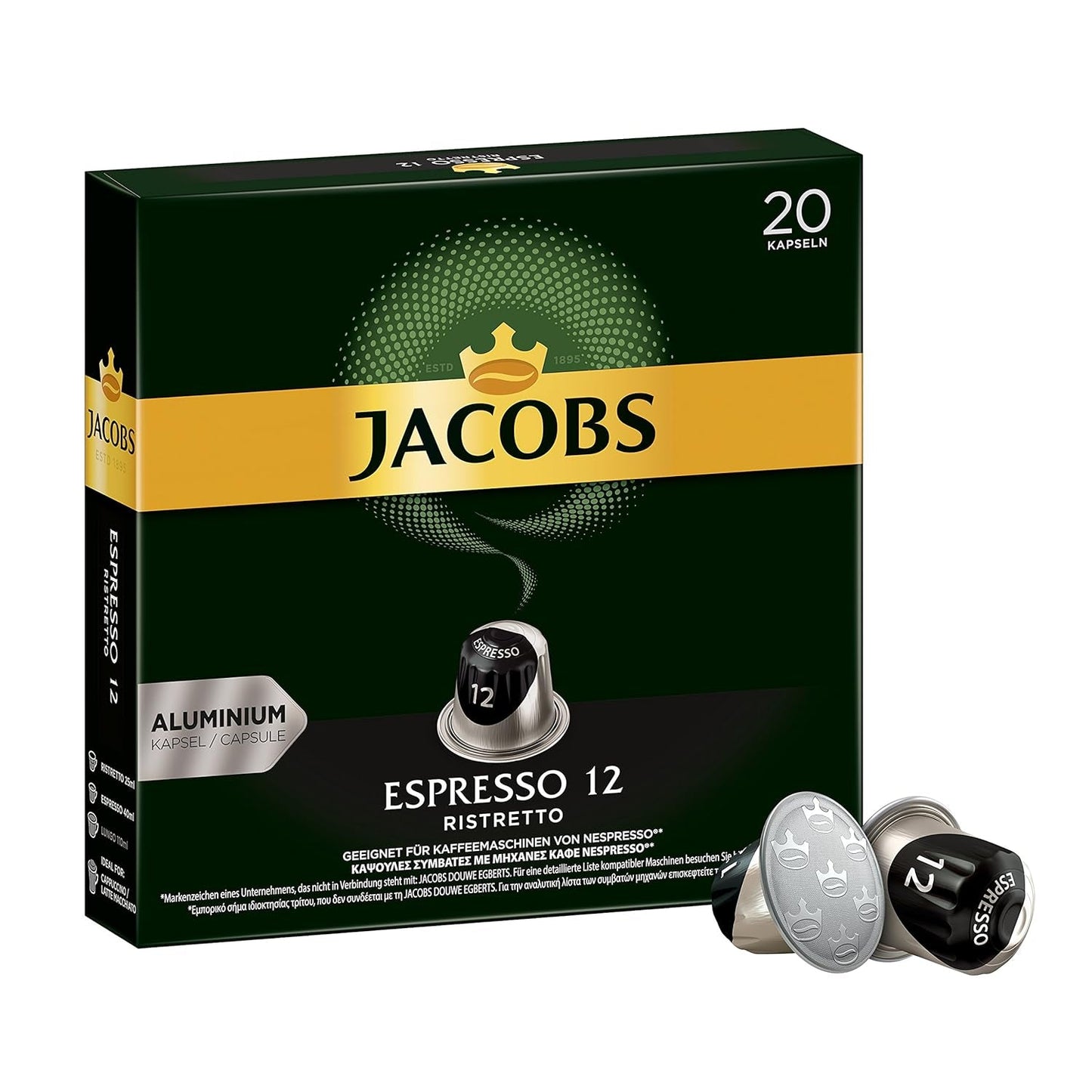 Kaffeekapseln Espresso Ristretto, Intensität 12 von 12 & Kaffeekapseln Krönung Crema, 200 Nespresso-kompatible Kapseln, 10er Pack, 10 x 20 Getränke, 1040 g