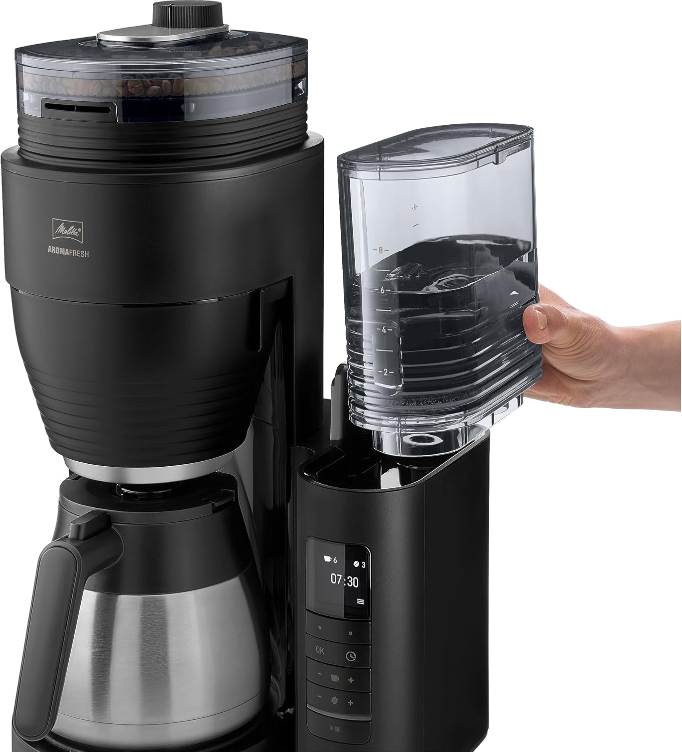 Melitta AromaFresh Therm Pro X – Espressomaschine mit Filter, integriertem Mahlwerk, abnehmbarem Wassertank, Thermokaraffe aus Edelstahl und Timerfunktion, für bis zu 8 Tassen Kaffee, Schwarz/Silber