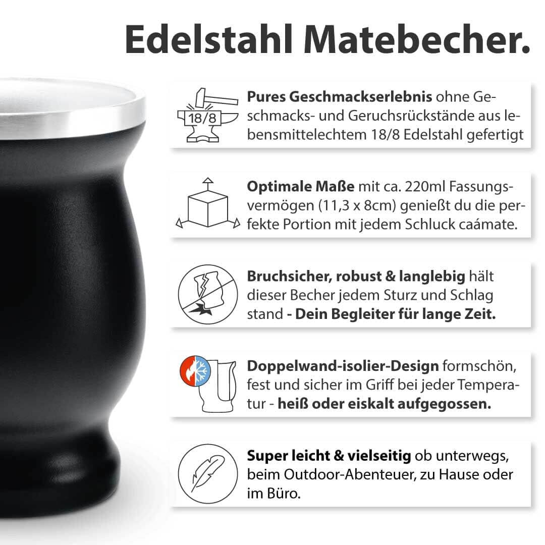 Mate Bio-Teeset ● 3 Sorten Mate + doppelwandiger Mate-Becher aus Edelstahl + Bombilla + Zubereitungsanleitung (schwarz)