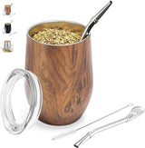 Moderner Mate-Becher 340 ml, isoliertes doppelwandiges Edelstahl-Yerba-Mate-Becher-Set, Mate-Teebecher mit BPA-freiem Deckel, Bombillas und einer Reinigungsbürste (Silber)