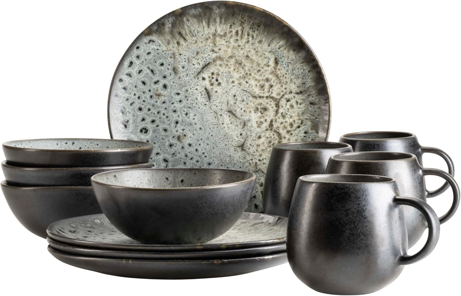 MÄSER Carellia 12-teiliges Frühstücksset – Keramik aus Portugal – reaktive Glasur – 4 Dessertteller 23 cm, 4 Schüsseln 15 cm, 4 Kaffeebecher 430 ml – spülmaschinen- und mikrowellengeeignet, grau