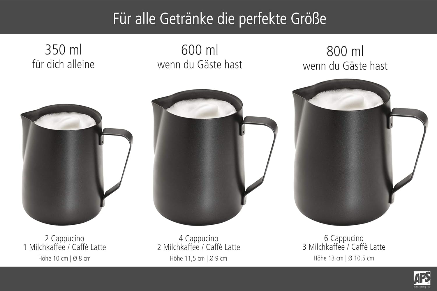 APS Milchkännchen – Hochwertiges Milchkännchen mit Antihaftbeschichtung aus Edelstahl – Perfekt zum Aufschäumen von Milch – Universalkaraffe, schwarz, 600 ml