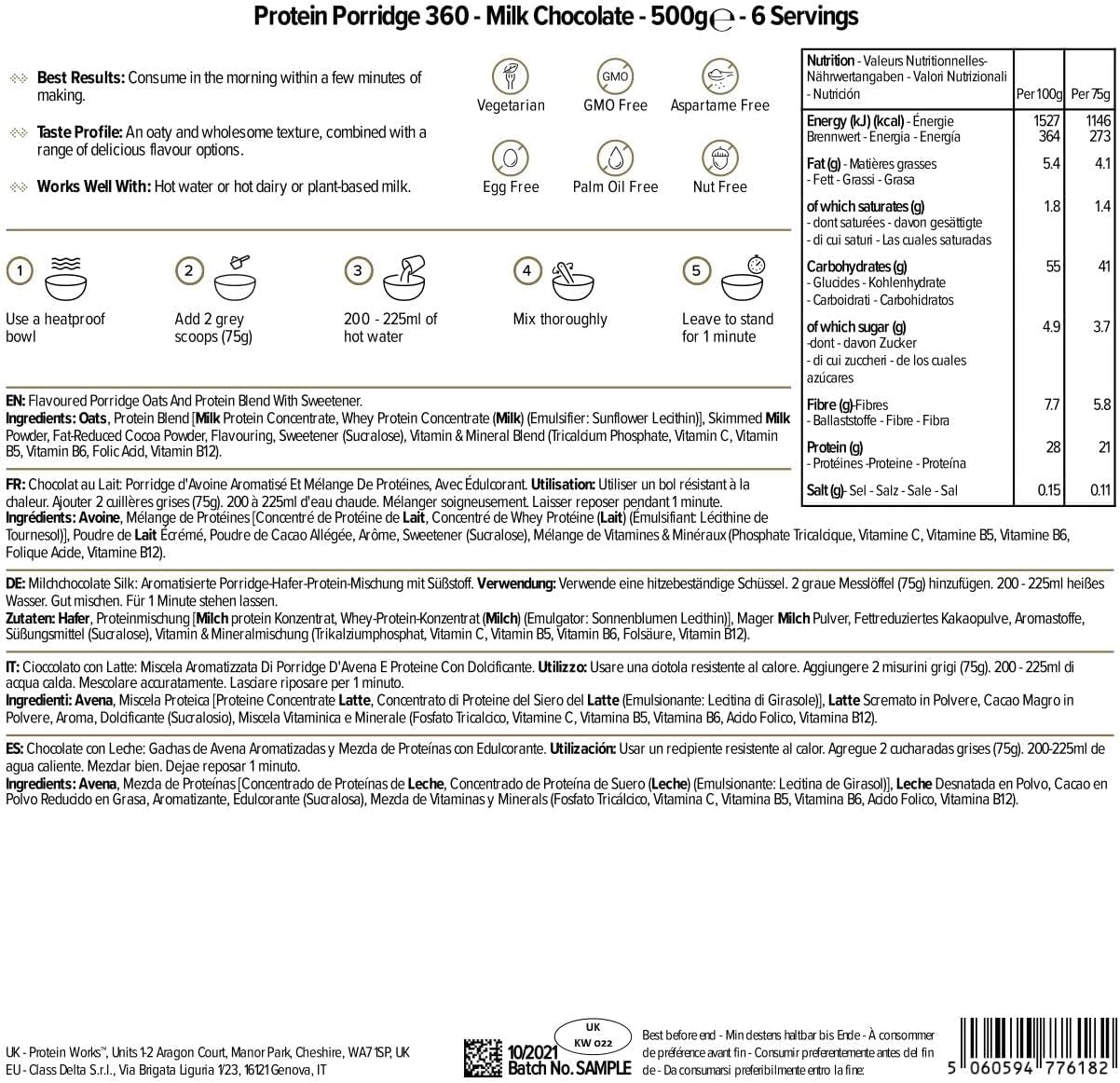Protein Works - Protein Porridge 360 | Mythos Zusätzliche Vitamine und Mineralien | Proteinreiches Frühstück | Kalorienarme Haferflocken | 6 Portionen | Milchschokolade 500G Müsli Naty Shop