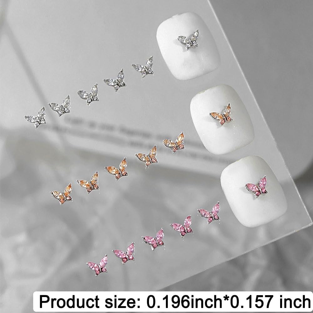 Mini Schmetterling Zirkon Nagel Schlüsselanhänger Y2K Weiß Champagner Rosa Strass Kristall Schmetterling Schlüsselanhänger Nägel 3D Schmetterling Nageldesign Schlüsselanhänger Schmetterling Nägel Dekoration Nail Art Schlüsselanhänger Nagelzubehör
