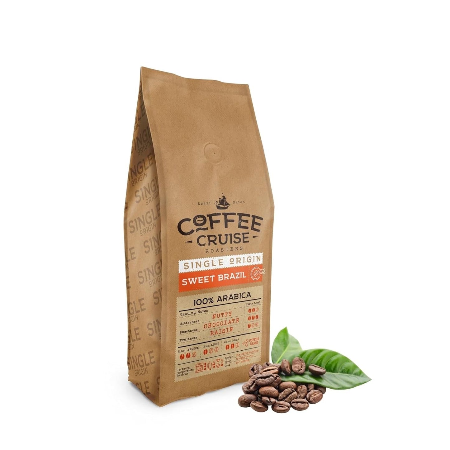 COFFEE CRUISE Sweet Brazil Brasilianische Kaffeebohnen 1kg - Mittlere Röstung - Aroma Kakao und Schokolade - Für alle Kaffeemaschinen - 100% Arabic