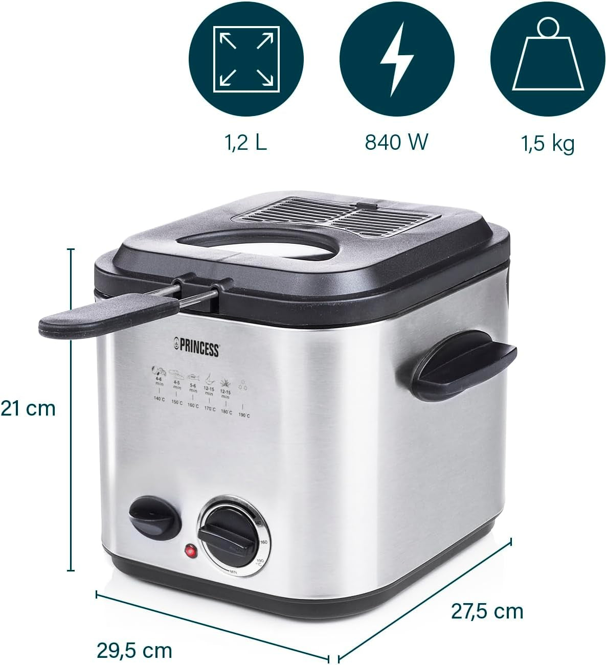 Princess 182611 Mini-Fondue-Fritteuse – schnelles Erhitzen – Geruchsfilter – 1,2 Liter Fassungsvermögen, Silber Haushaltsgeräte Naty Shop
