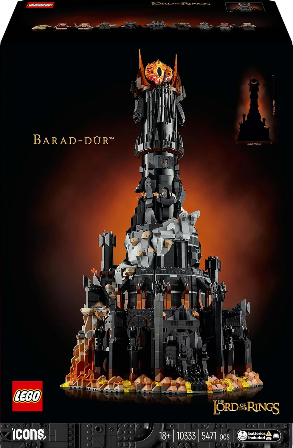 LEGO Icons Der Herr der Ringe: Barad-Door-Bauset für Erwachsene mit Sauron, Gothmog, Orc, Frodo, Sam und Gollum als Minifiguren, Film-Erinnerungsstücke, Fan-Sammlerstücke, 10333 Bausets. Besuchen Sie den LEGO-Store