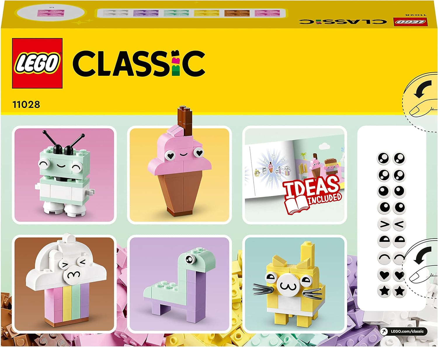 LEGO 11028 Classic Pastel Kreativbauset, Ziegelbox, Konstruktionsspielzeug für Mädchen und Jungen ab 5 Jahren mit Modellen; Eis, Dinosaurier, Katze und mehr Bausätze Besuchen Sie den LEGO-Store