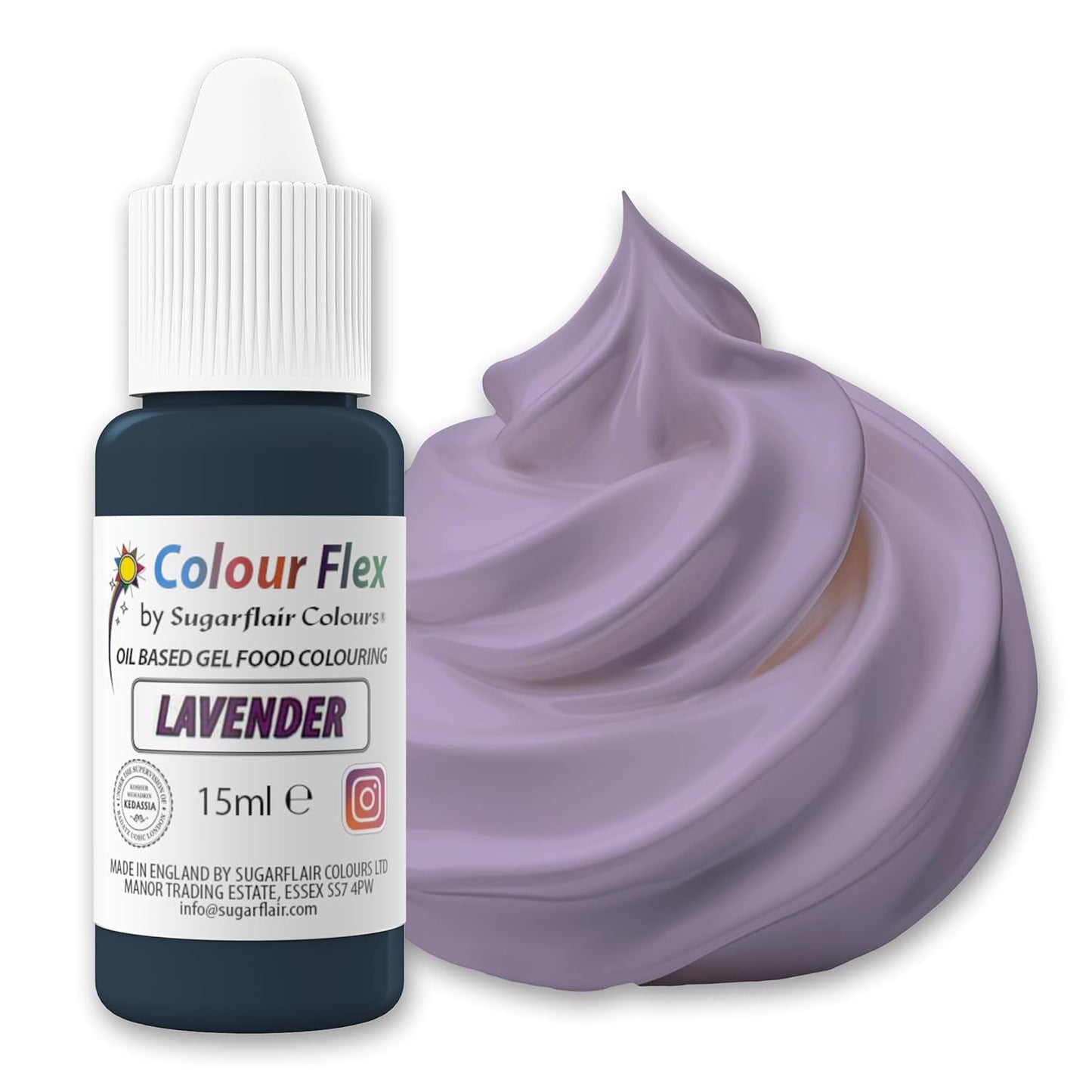Sugarflair Colourflex Lebensmittelfarbe auf Ölbasis Lavendel, hochkonzentrierte flüssige Lebensmittelfarbe für Buttercreme, Schokolade, Teig, Fondant, Zuckerguss und mehr – 15 ml