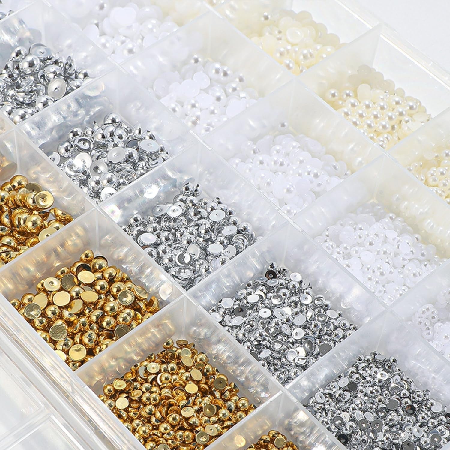 GZMAYUEN 920 Stück Gold Silber Flatback Perlen Für Nägel, Halbrunde Weiße Beige Nagelperlen, Kleine Halbrunde Flatback Perlen Für DIY Nail Art Decor