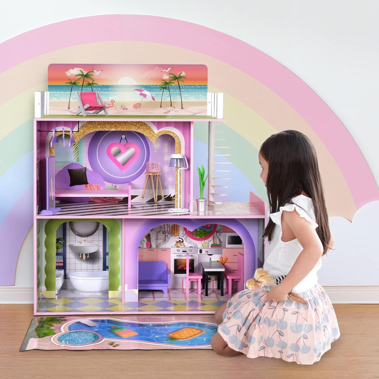 Olivia's Little World Big Dreamland Sunset Modernes, dreistöckiges, interaktives Puppenhaus aus Holz für Kinder mit 16 Puppenmöbelzubehör, mehrfarbig, TD-13616A