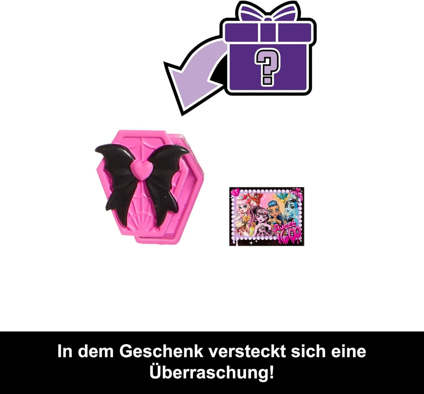 Gruselige und süße Monster High-Geburtstagspuppe Draculaura in einem rosa Partykleid mit thematischen Accessoires wie Einladung, Ballon, Geschenk, Fans und mehr, JBG74