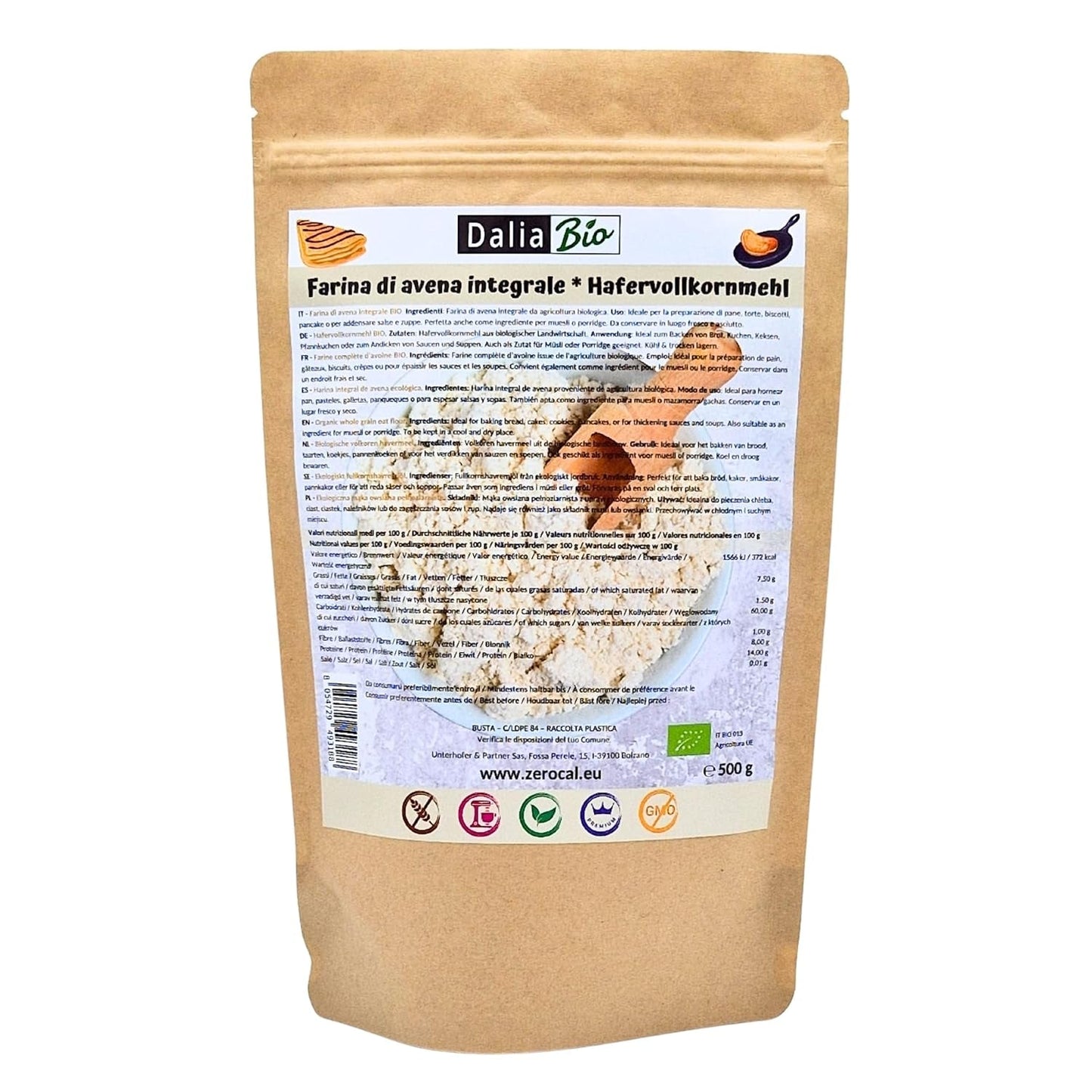Dalia - Bio-Vollkornhafermehl 500g | Glutenfrei | Reich an Ballaststoffen und Proteinen Herkunft: Italien | Für Brot, Kuchen, Porridge und Fitness-Rezepte | Premium-Qualität