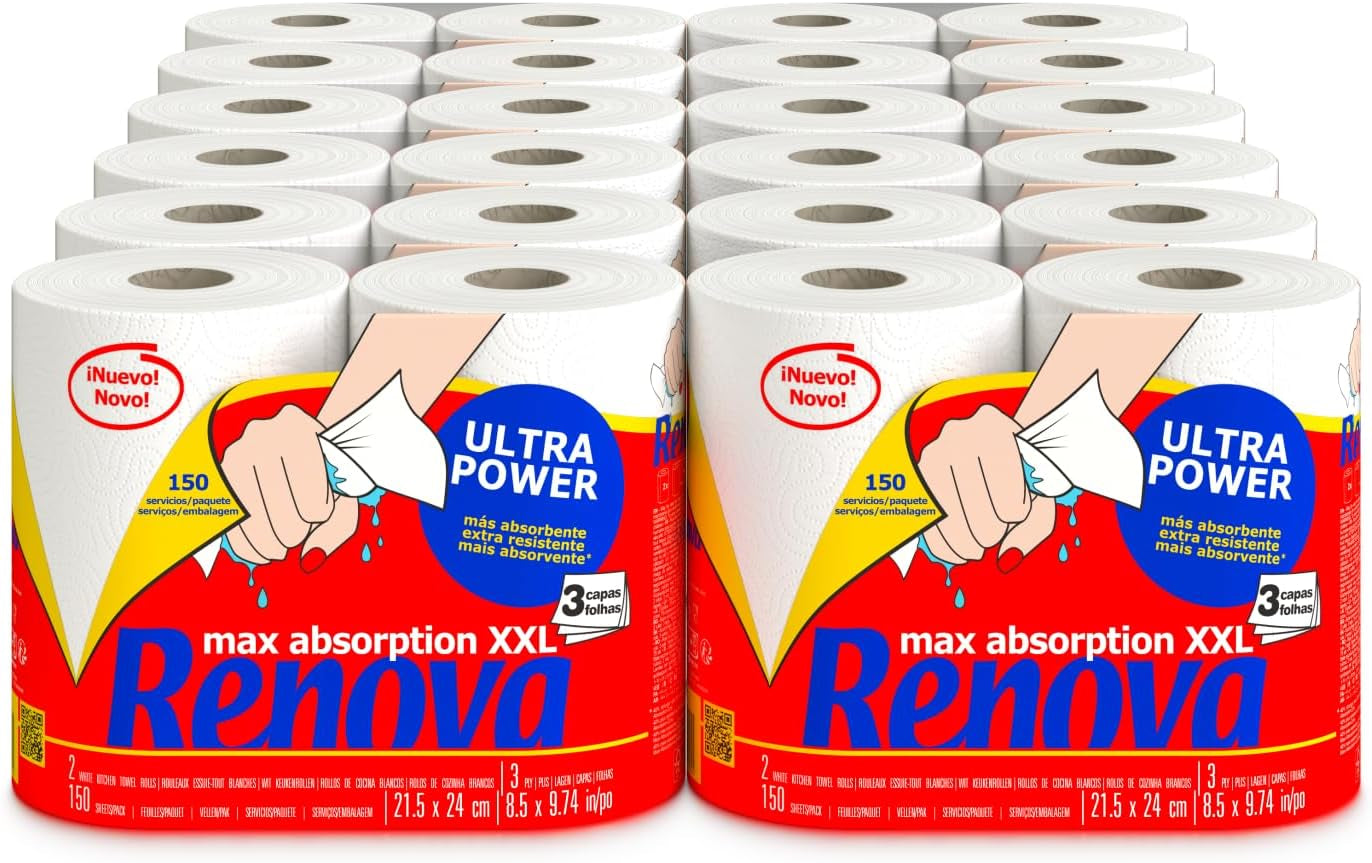 Küchenrollen Renova Renova Ultrapower | 24 XXL-Rollen = 60 Standardrollen | 3 extrem saugfähige und äußerst widerstandsfähige Schichten | Fsc-zertifiziertes Papier