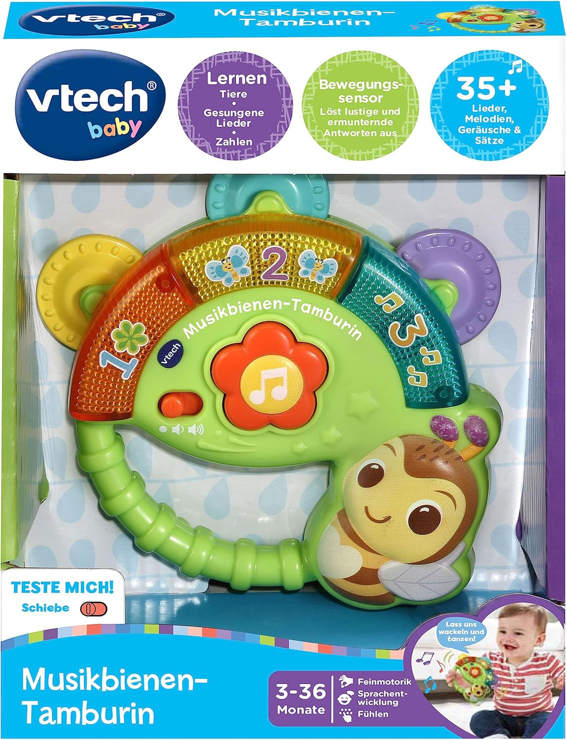 Vtech Baby Musical Bee Tambourine – Musikspielzeug mit Zahlen, lustigen Geräuschen, Sätzen und Liedern – Für Kinder im Alter von 3–36 Monaten. Babyspielzeug Naty Shop