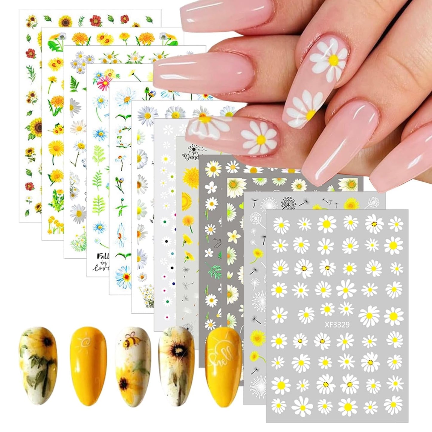 12 Blatt Nagelaufkleber mit 3D-Effekt, UV-härtend, langlebig, Blumen-Nagelaufkleber, gelb-weiße Gänseblümchen-Nagelkunstaufkleber