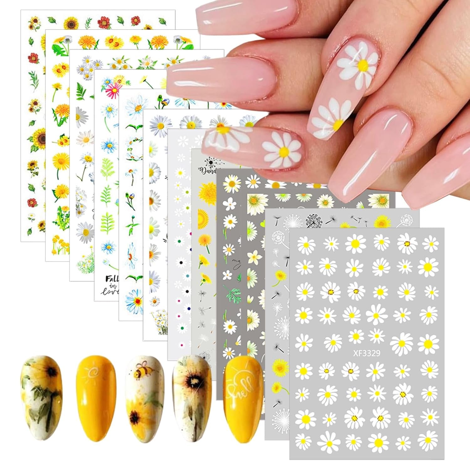 12 Blatt Nagelaufkleber mit 3D-Effekt, UV-härtend, langlebig, Blumen-Nagelaufkleber, gelb-weiße Gänseblümchen-Nagelkunstaufkleber