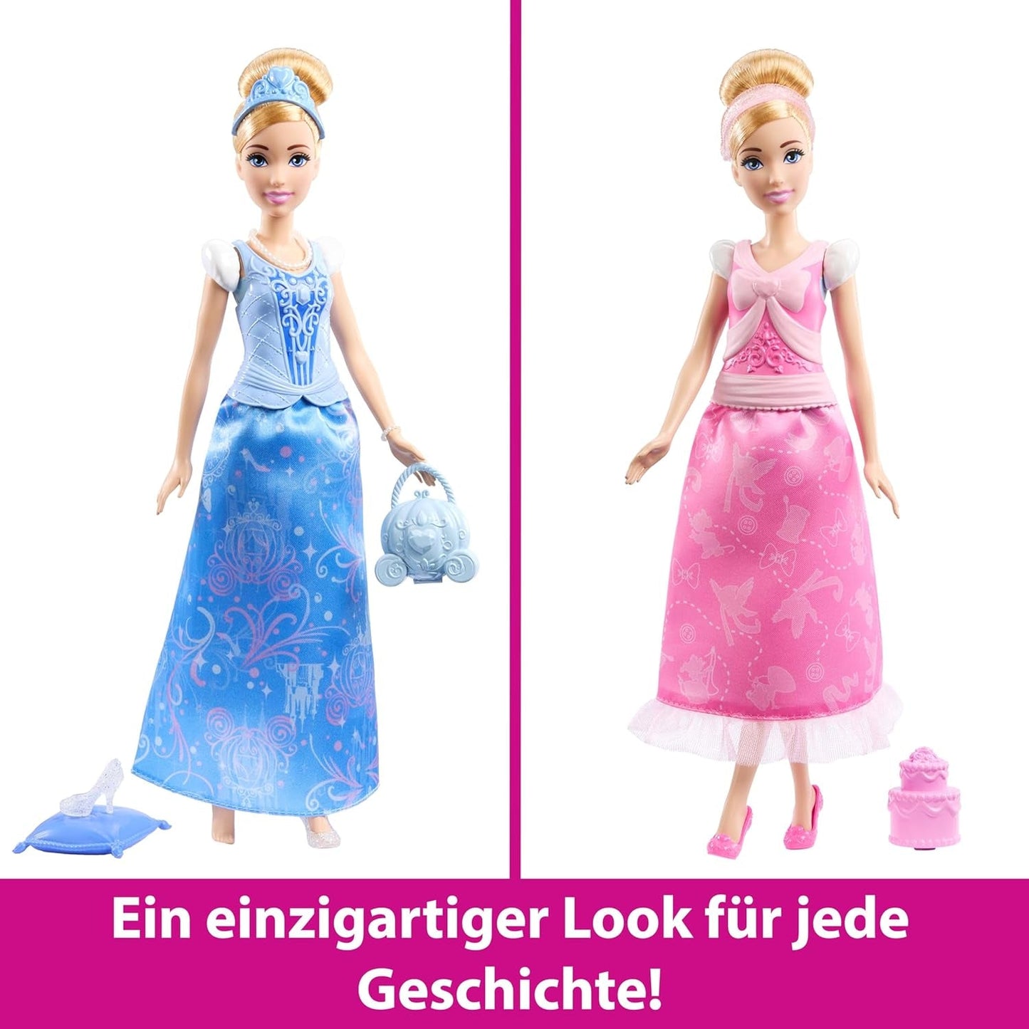 Mattel Disney Princess Toys Cinderella-Modepuppe mit 2 Outfits, 9 Accessoires, 2 Oberteilen mit Clips und 2 Röcken. 2-in-1-Geschichten, inspiriert vom Disney-Film JCR95