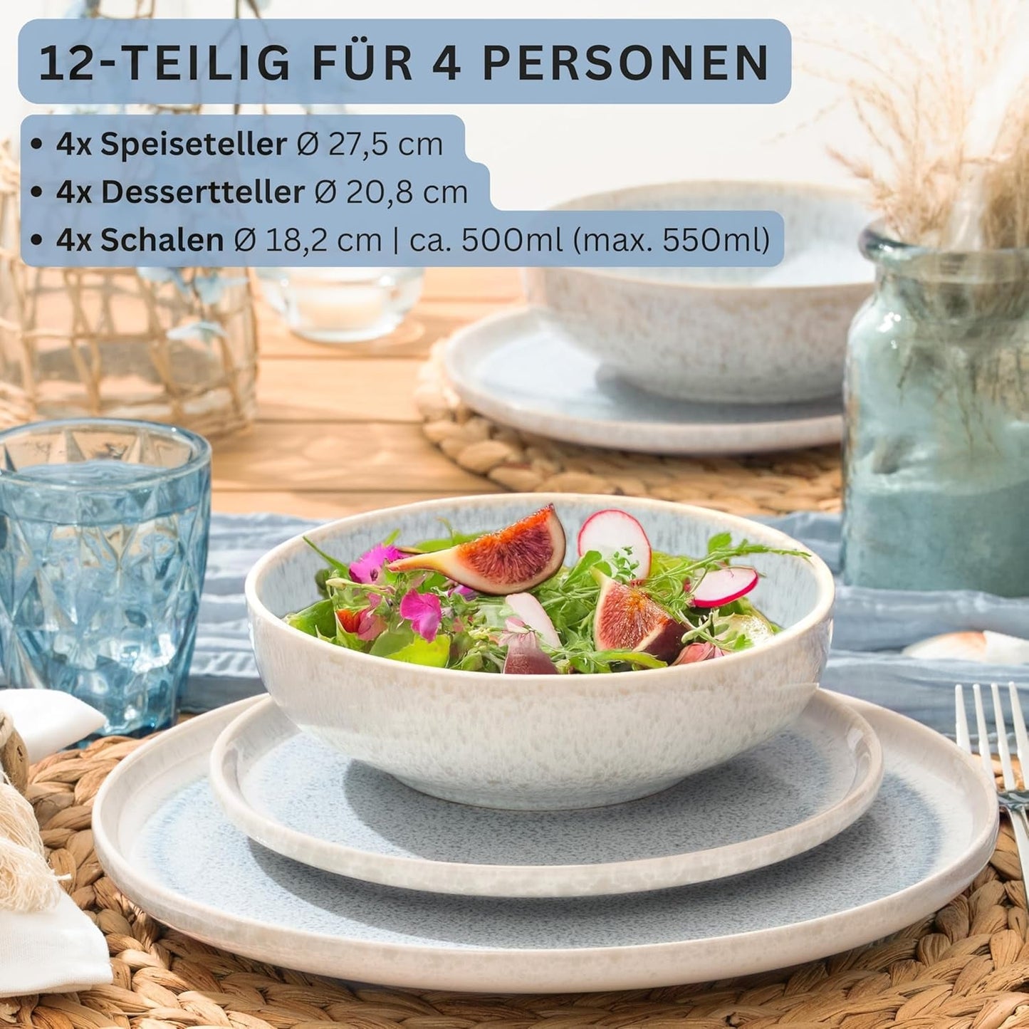 SANGER | 12-teiliges Santorini-Geschirrset, 4-Personen-Tellerset, SEHR GUT bewertetes Steinzeug-Geschirrset, einschließlich Speisetellern, Desserttellern und Suma-Tellern, Farbverlauf Creme-Flieder-Blau | DIE PREMIUM-KOLLEKTION