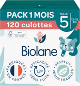 BIOLANE – Kurze Windeln – Größe 5 (12–18 kg) – 12 Stunden Dichtigkeit – 1 Monatspackung – 120 Windeln – ökologisch